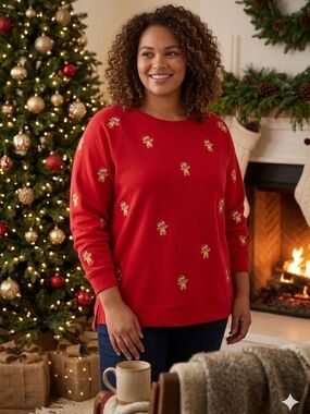 Women's Red Gingerbread Embroidered Holiday Sweater philosophy